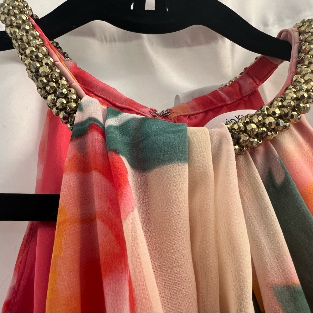 Calvin Klein Beaded Neck Draped Floral Chiffon Gown